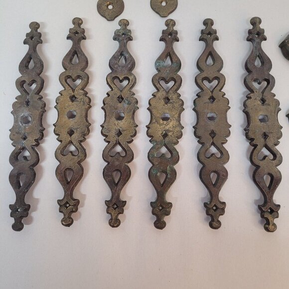 Vintage Metal Brass Hardware Drawer Pulls & Covers 14 Pc Set w Brackets - Picture 3 of 9